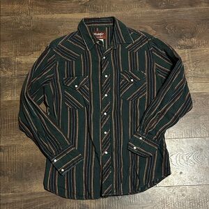 Wrangler Green and Brown Striped Western Pearl snap Shirt